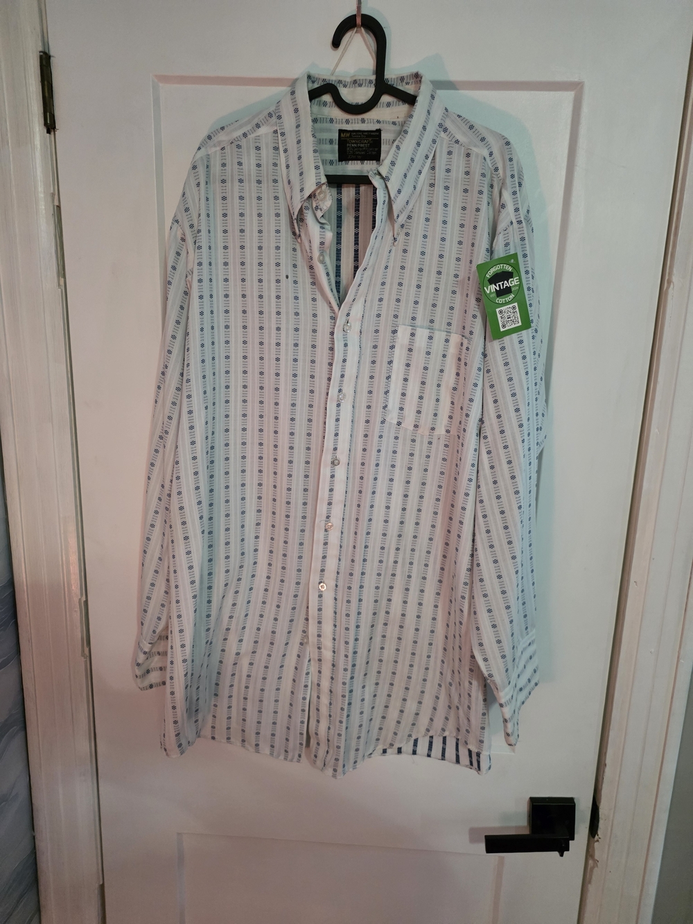 Vintage Towncraft White Shirt with Blue Geometric Stripe